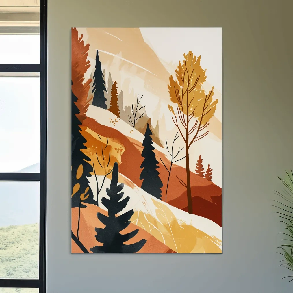Minimalist Autumn Mountain Forest Landscape - Warm Scandinavian Wall Art