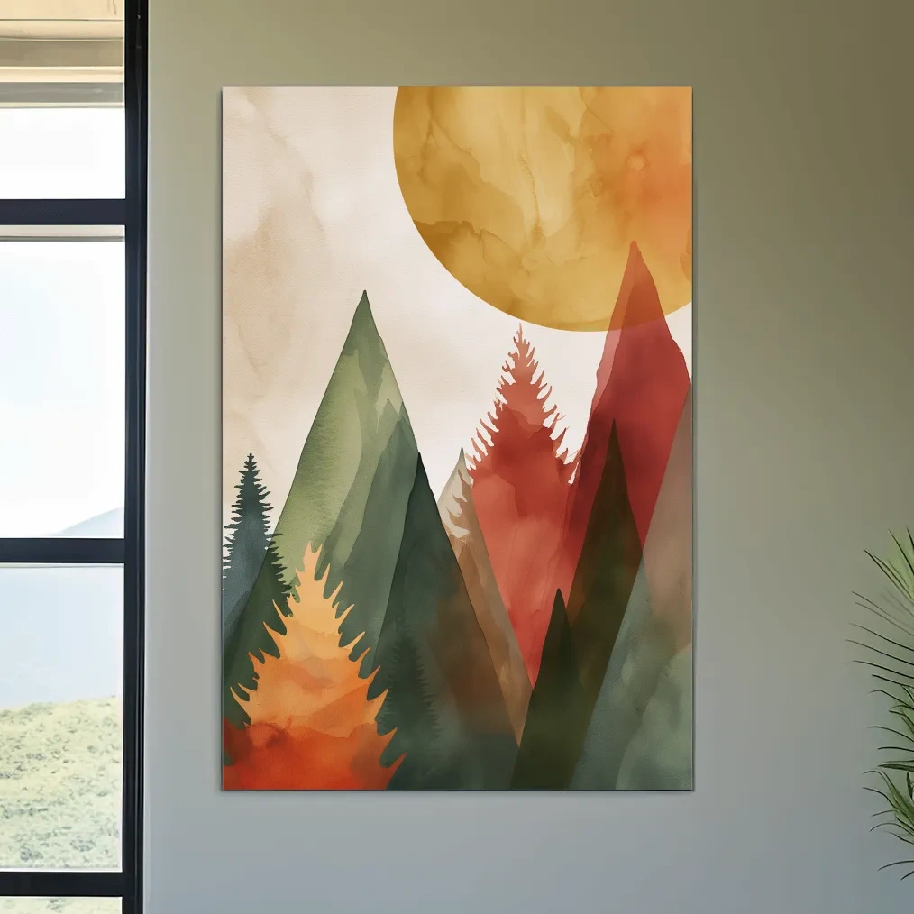 Rustic Watercolor Mountain Forest Sunrise - Modern Minimalist Wall Art