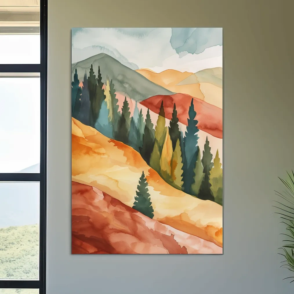 Rustic Autumn Watercolor Mountains & Pine Forest - Serene Abstract Landscape Wall Art