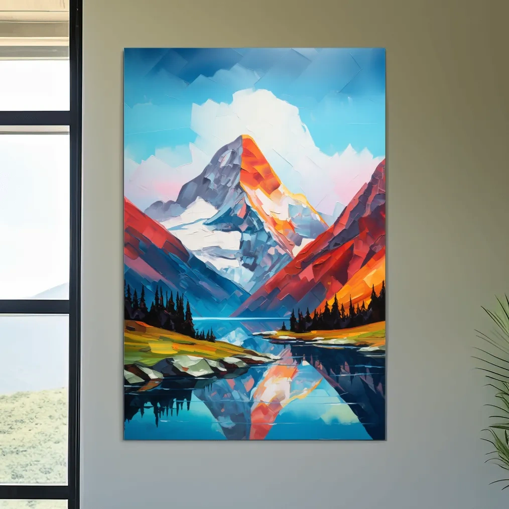 Alpine lake under a glacier, vibrant palette knife style impasto painting