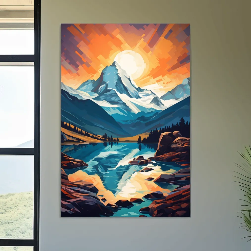 Sunset over the alpine glaciers, vector mountain art