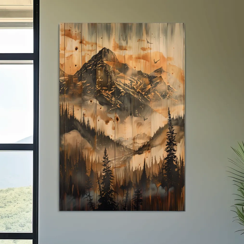 Rustic Woodgrain Mountain Landscape Painting - Sepia Misty Pine Forest Wall Art