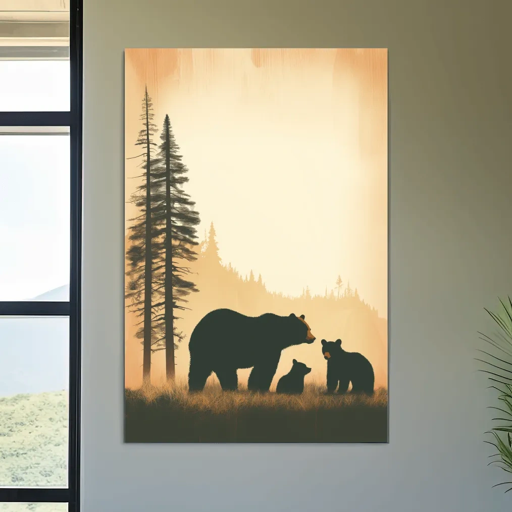 Bear Family Forest Silhouette Illustration - Minimalist Wildlife Artwork