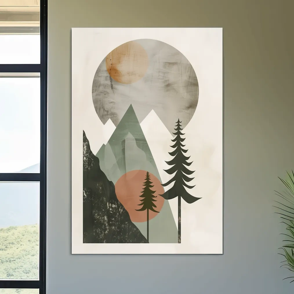 Scandinavian style artwork, mountains and trees under the sun