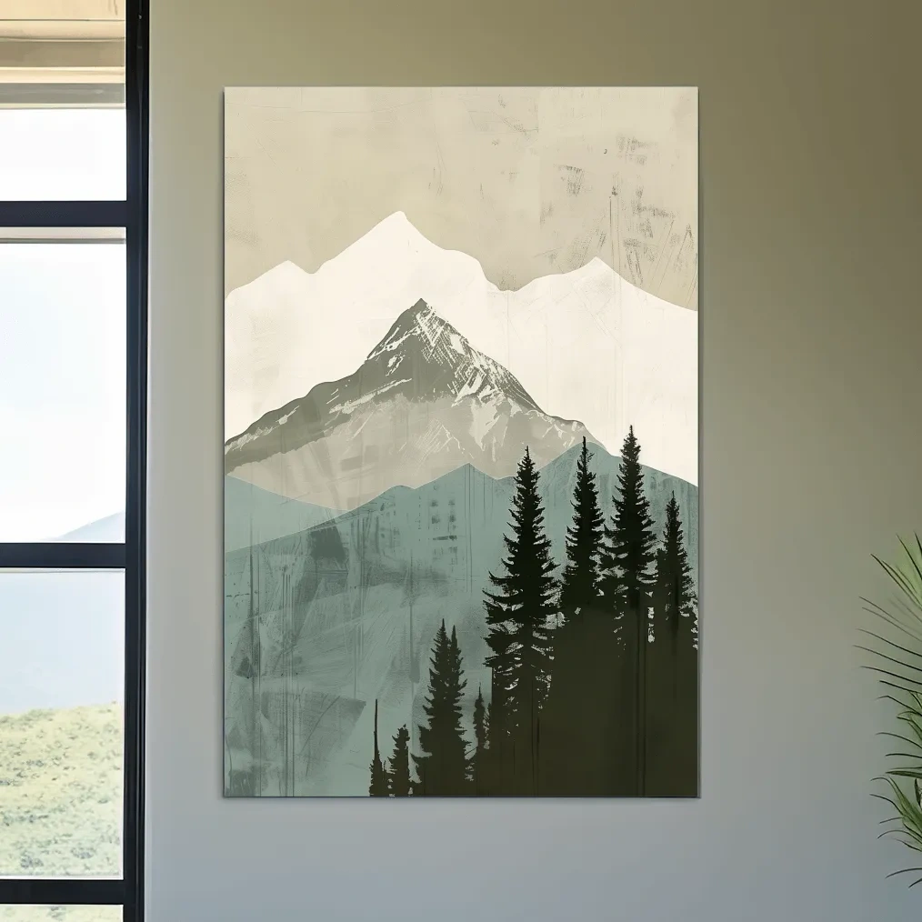 Scandinavian Mountain Peak And Pine Forest Artwork - Minimalist Landscape Wall Art