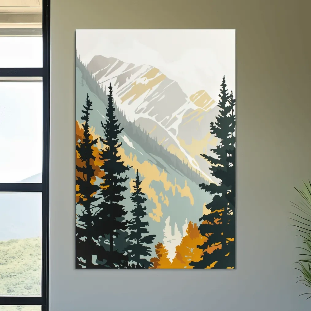 Scandinavian style minimal artwork, mountains through the forest