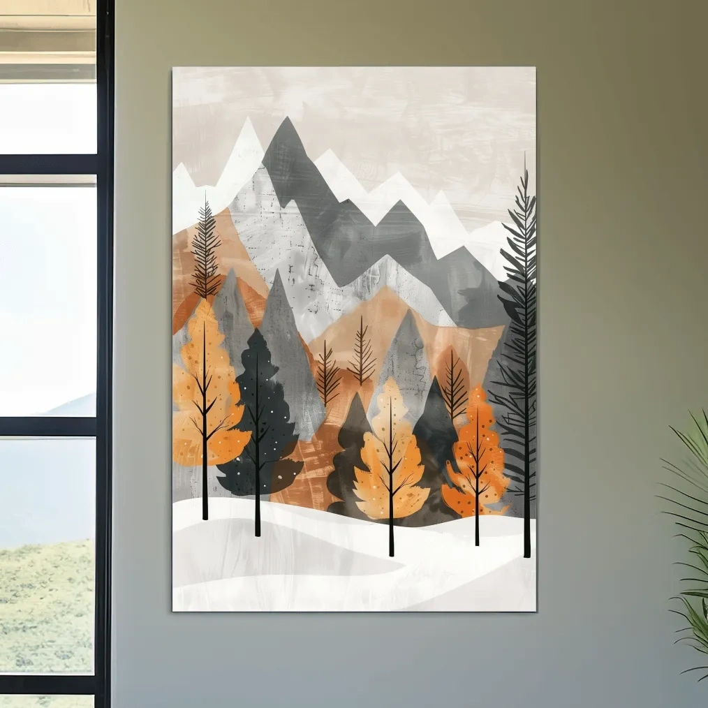 Scandinavian Autumn Mountain Forest Landscape - Minimalist Alpine Wall Art