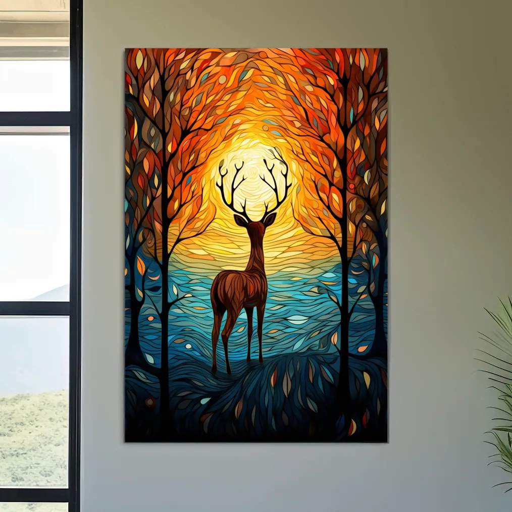 Deer in the forest at sunset, leadlight style artwork