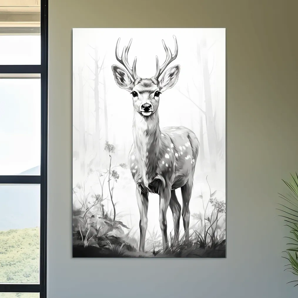 Black and white drawing artwork of a fallow deer