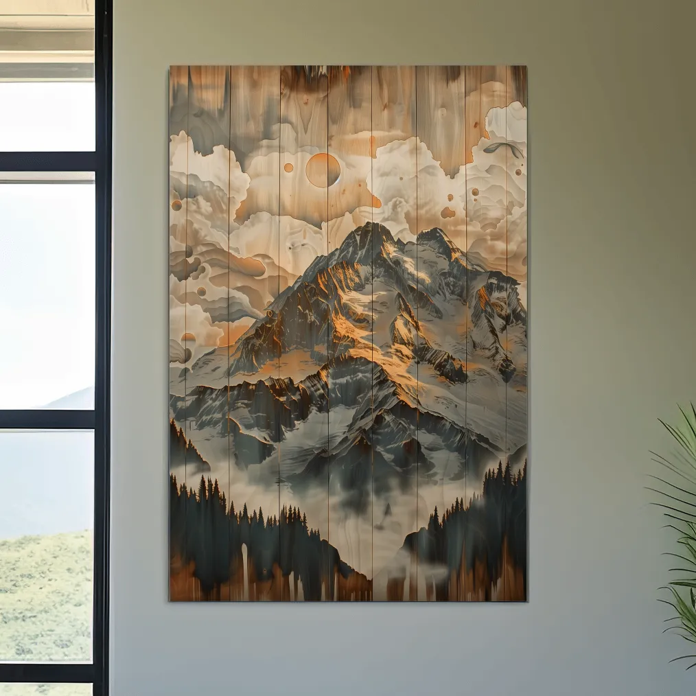 Rustic Glacier Mountain Range Artwork - Vintage Wood Grain Alpine Wall Art