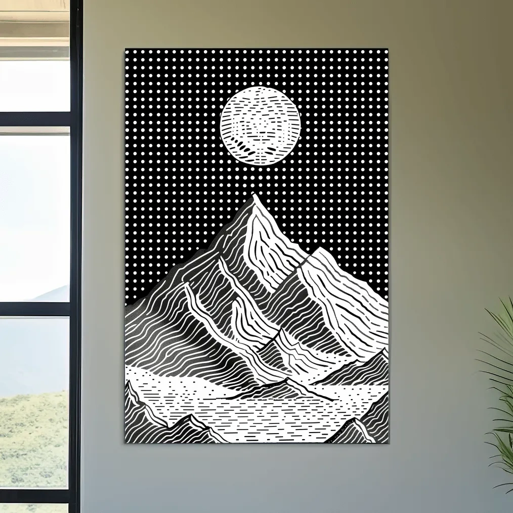 Glacier under the night sky, optical illusion linocut style mountain art