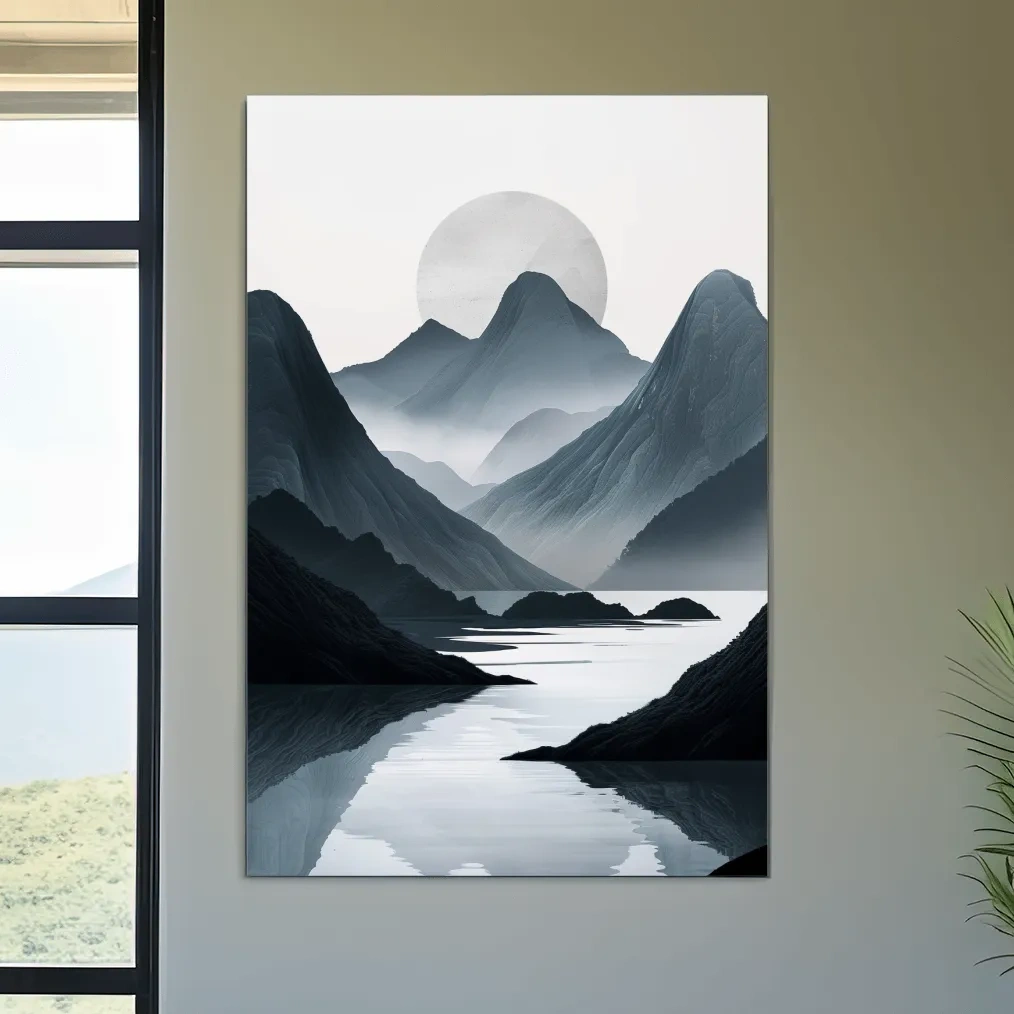 Black & white mountain artwork, view down a foggy valley and lake