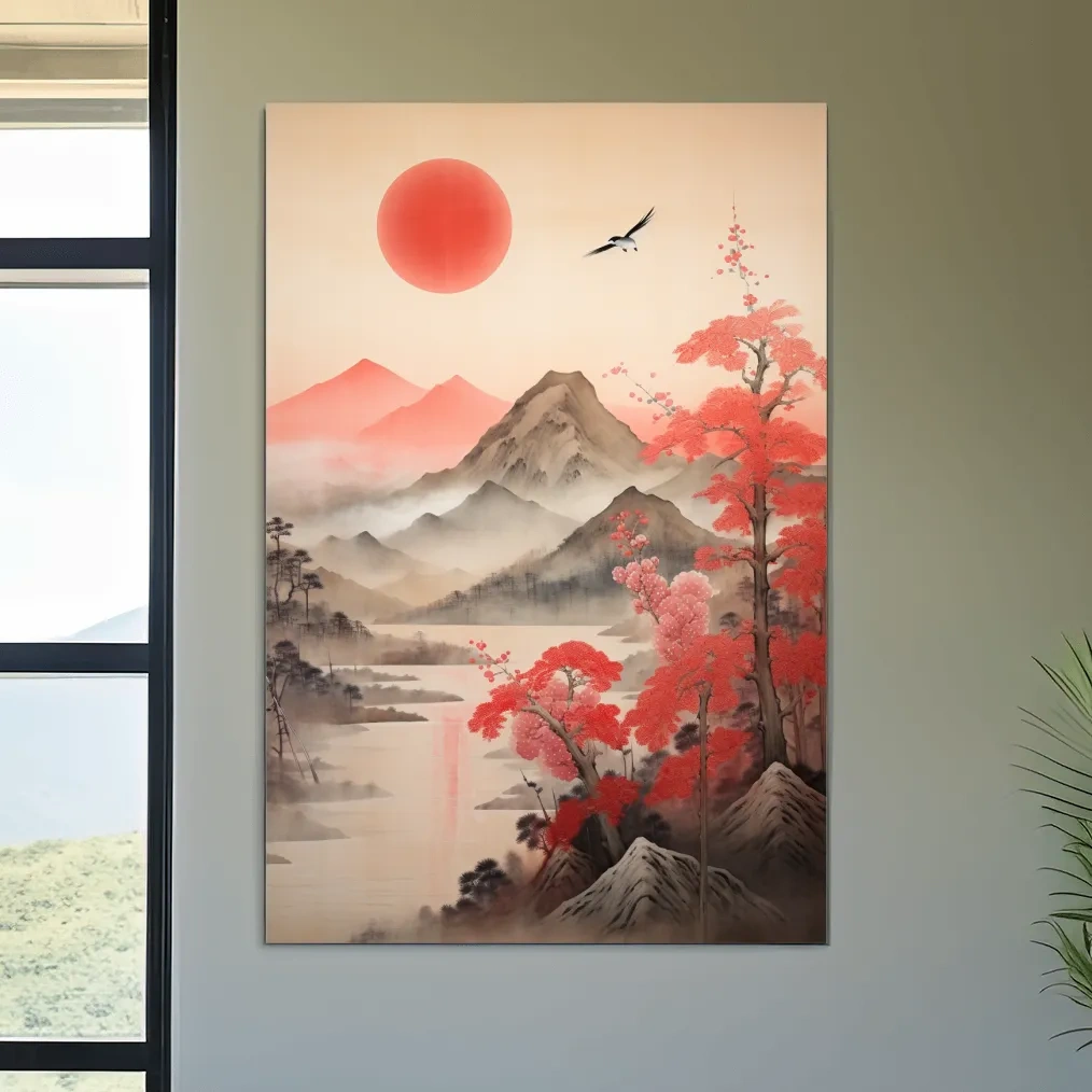 Japanese Ink Wash Mountain Sunrise - Sakura Cherry Blossom Wall Art