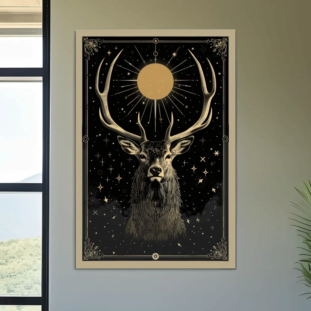Elegant deer head under the night sky, tarot card style art