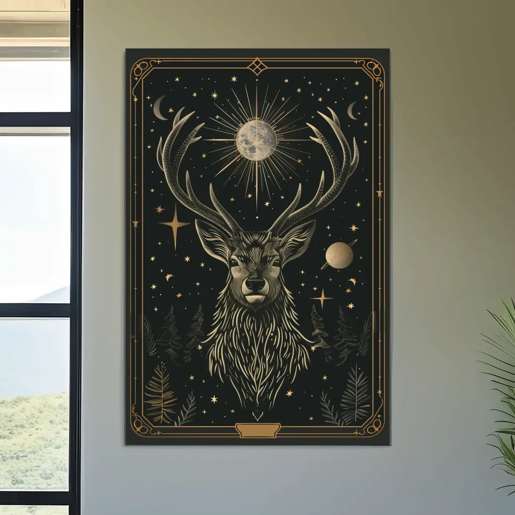Elegant deer head tarot card style art, planetary solar system