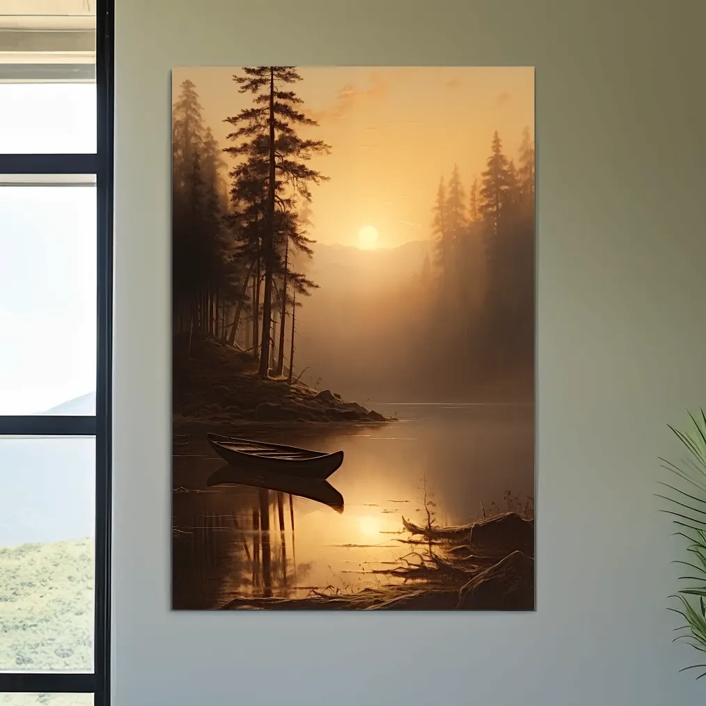 Misty Golden Lake Sunrise With Canoe - Serene Pine Forest Mountain Landscape Wall Art