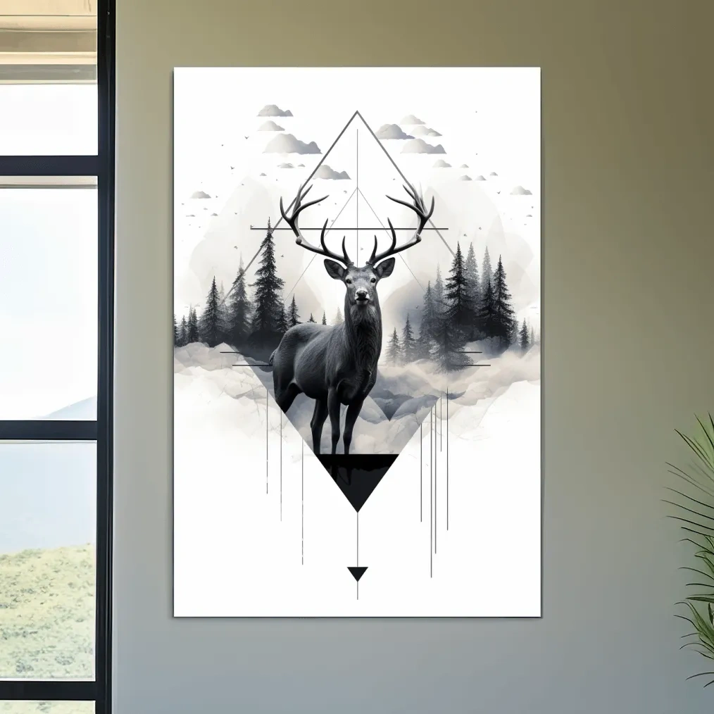 Tattoo inspired art, majestic deer in a misty forest