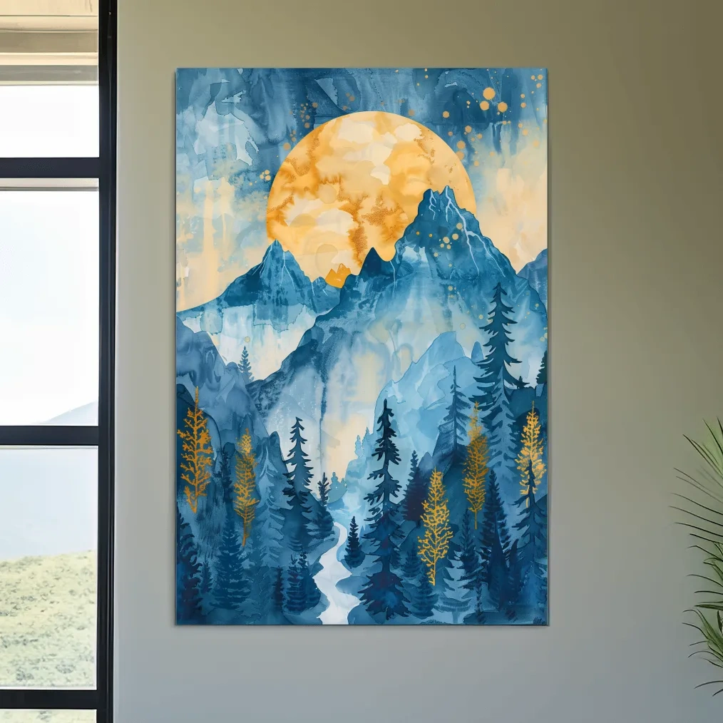 Alpine Sunset Watercolor Painting - Mountain Forest Landscape Wall Art