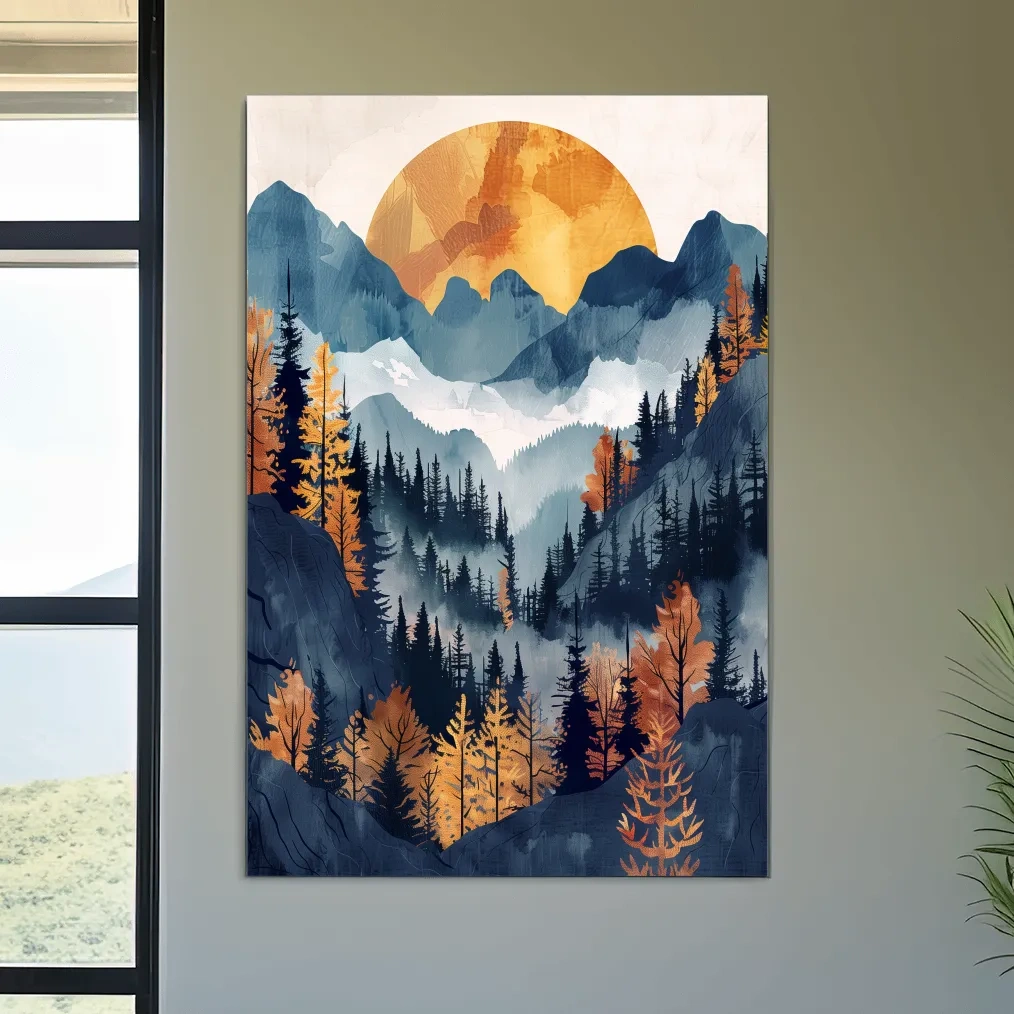 Foggy Autumn Alpine Forest Sunset - Modern Watercolor Mountain Wall Art