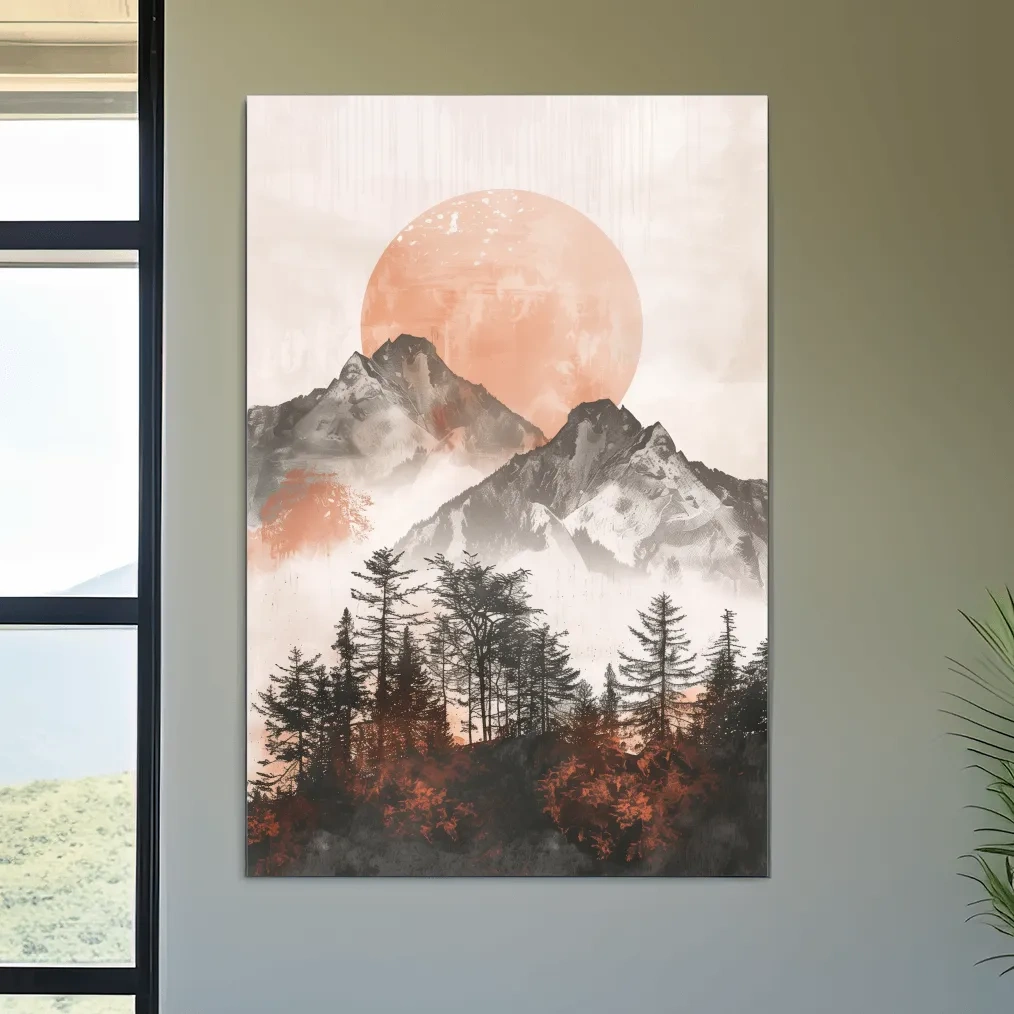 Japandi style boho wall art, sunset over an alpine forest, mountains & trees