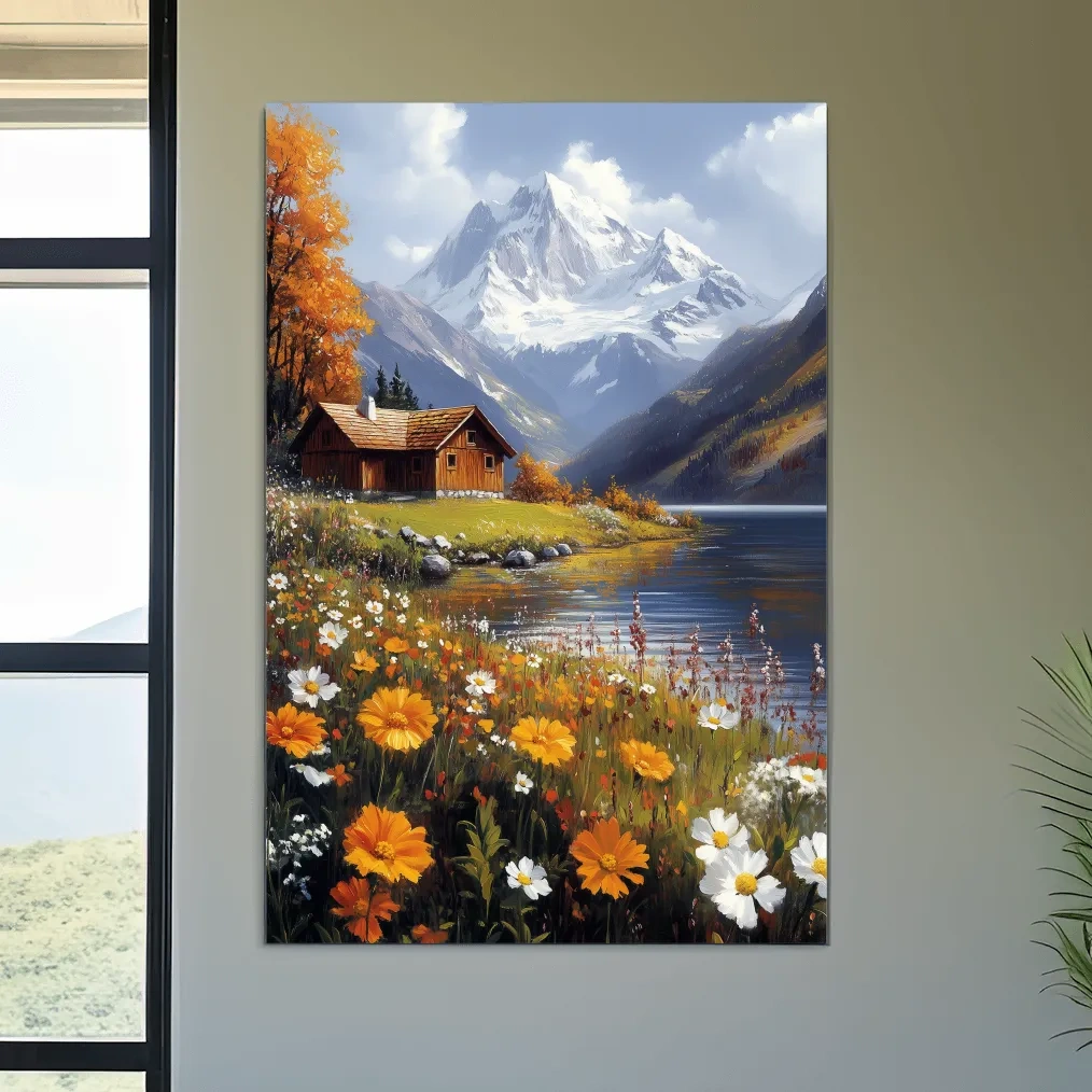 Autumn Alpine Lake Cabin Impressionist Painting - Snowcapped Mountain Wildflower Wall Art