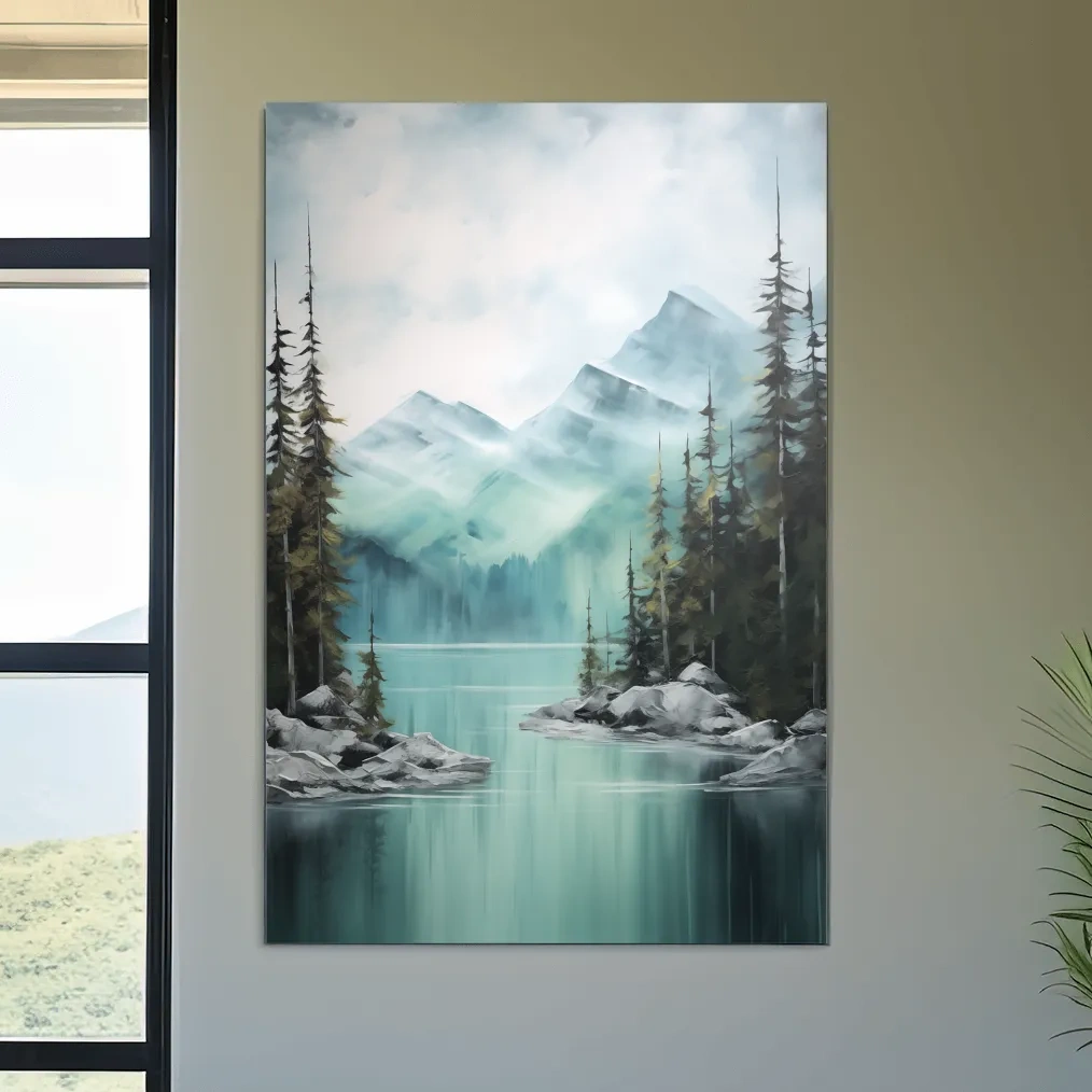 Painting of a turquoise lake in the alpine