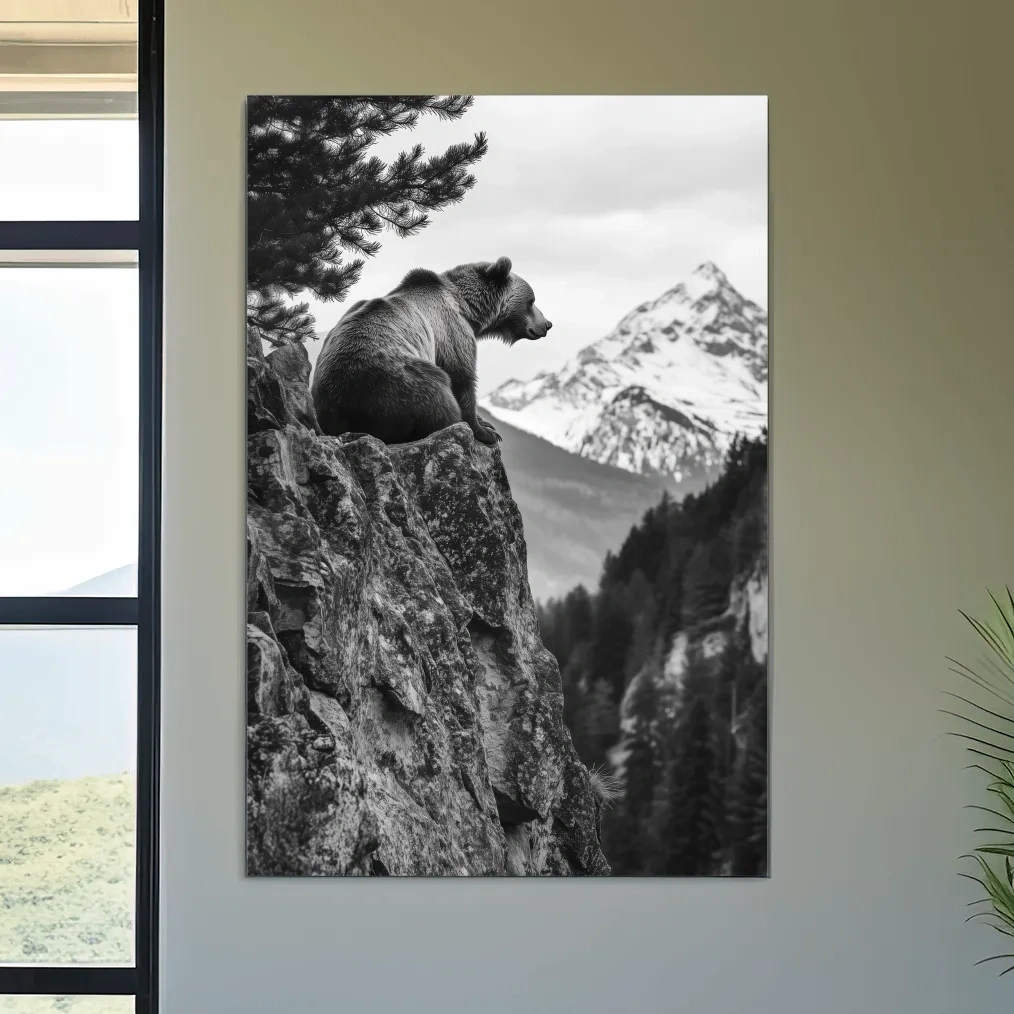 Grizzly bear taking in a mountain view, photographic wildlife wall art