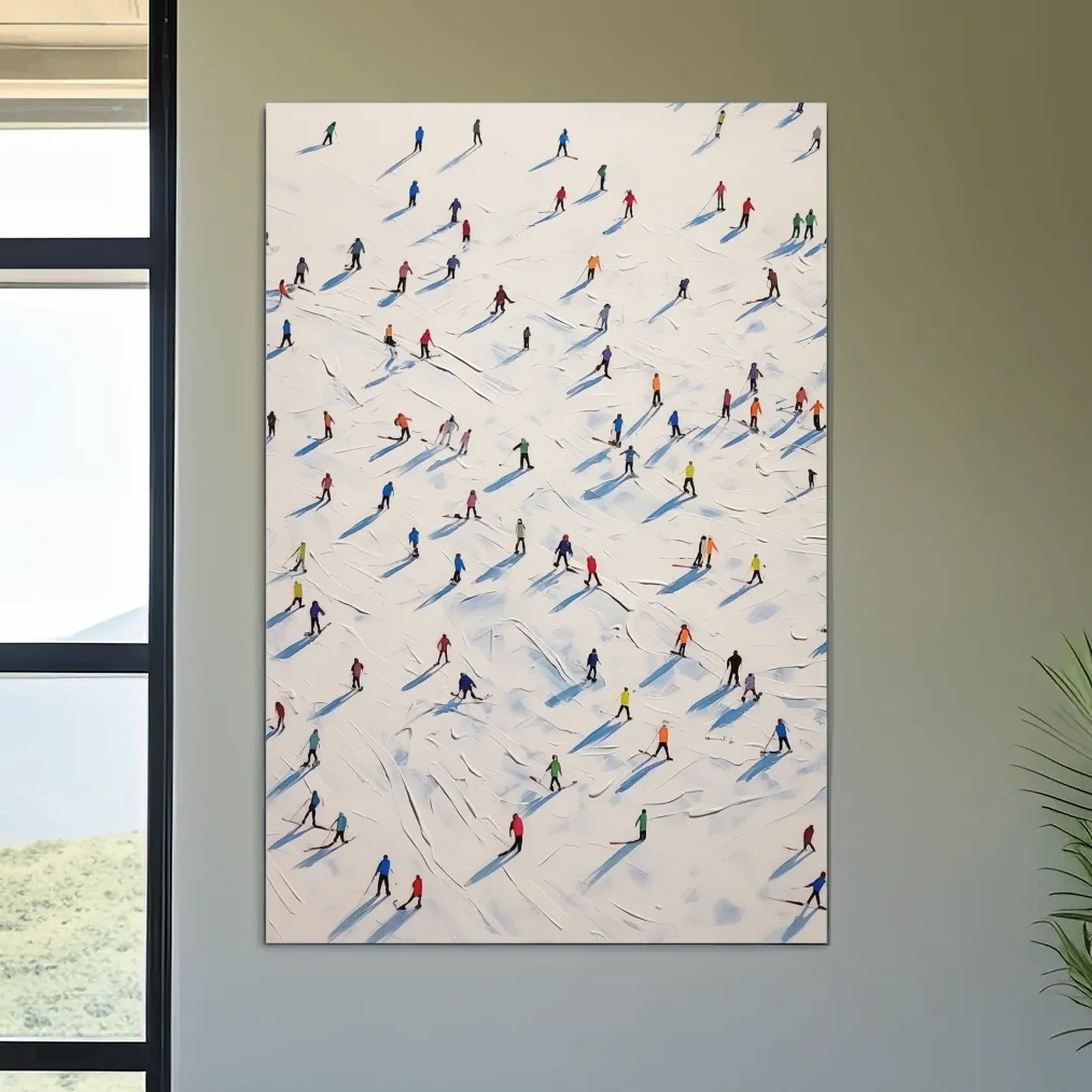 Lots of little skiers in a ski resort, textured painting effect
