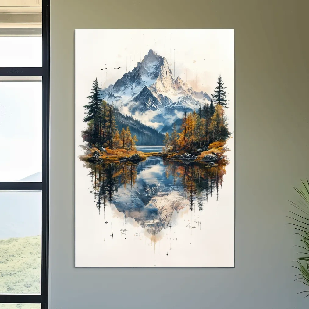 Alpine lake painting, tattoo inspired mountain glacier wall art