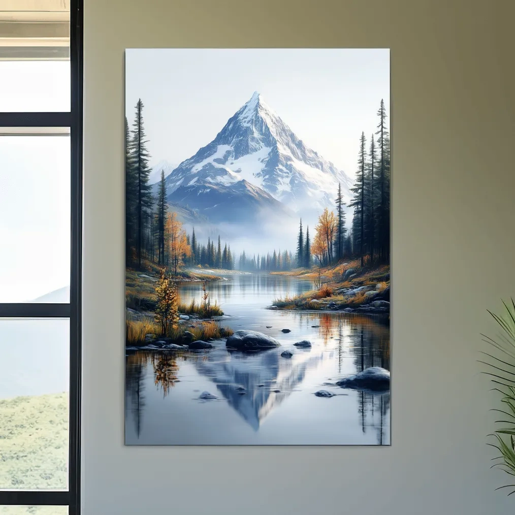 Lake beneath a glacier in the alpine meadows in fall, mountain wall art