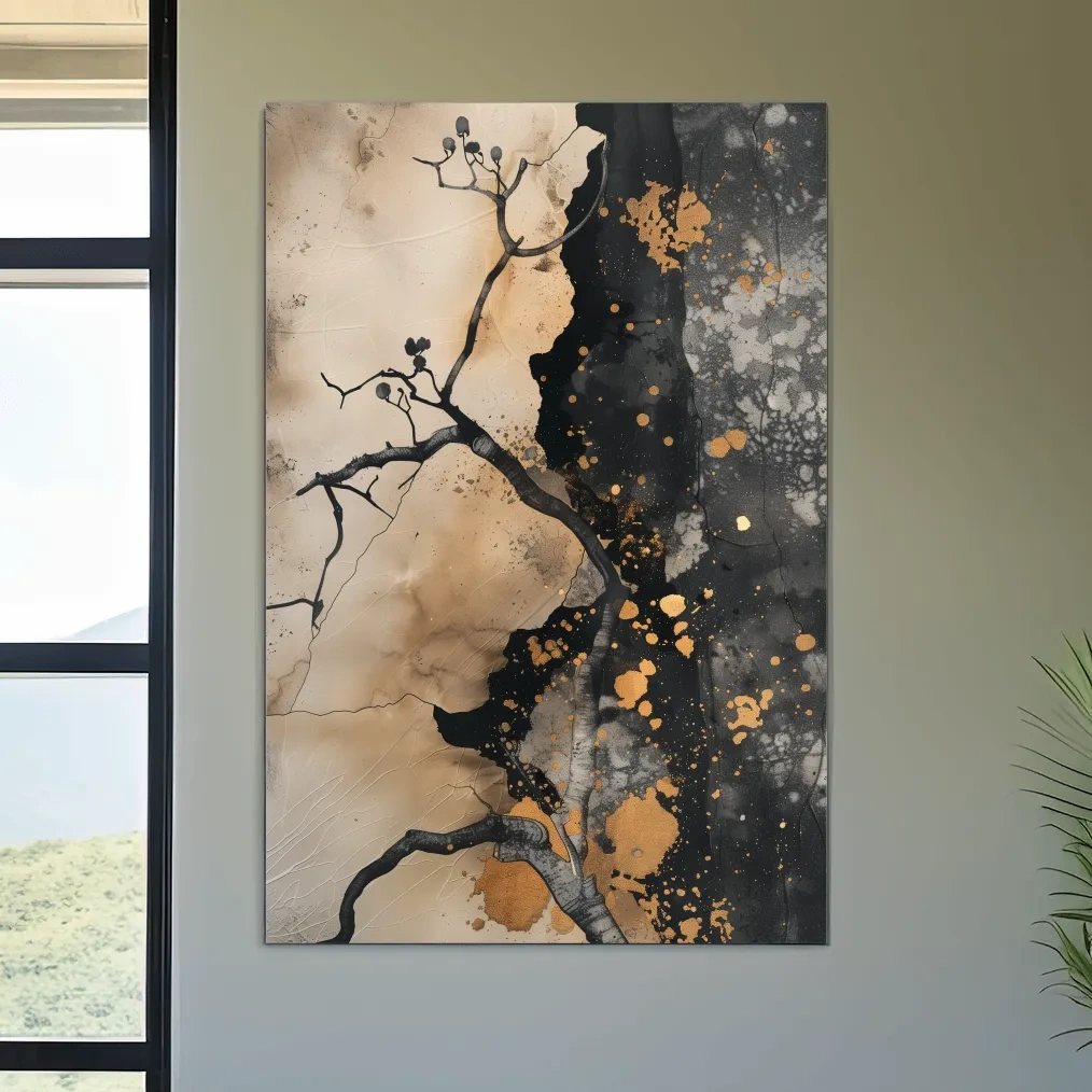 Ink Branch Silhouette With Gold Splatter - Modern Japandi Abstract Wall Art