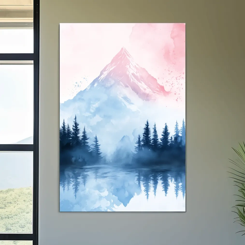 Pastel mountain watercolor painting, foggy forest by an alpine lake