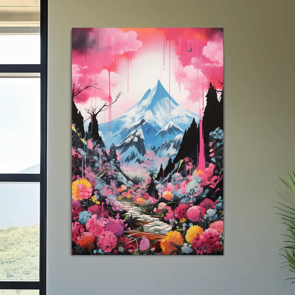 Energetic illustration of pink alpine flowers by a glacier