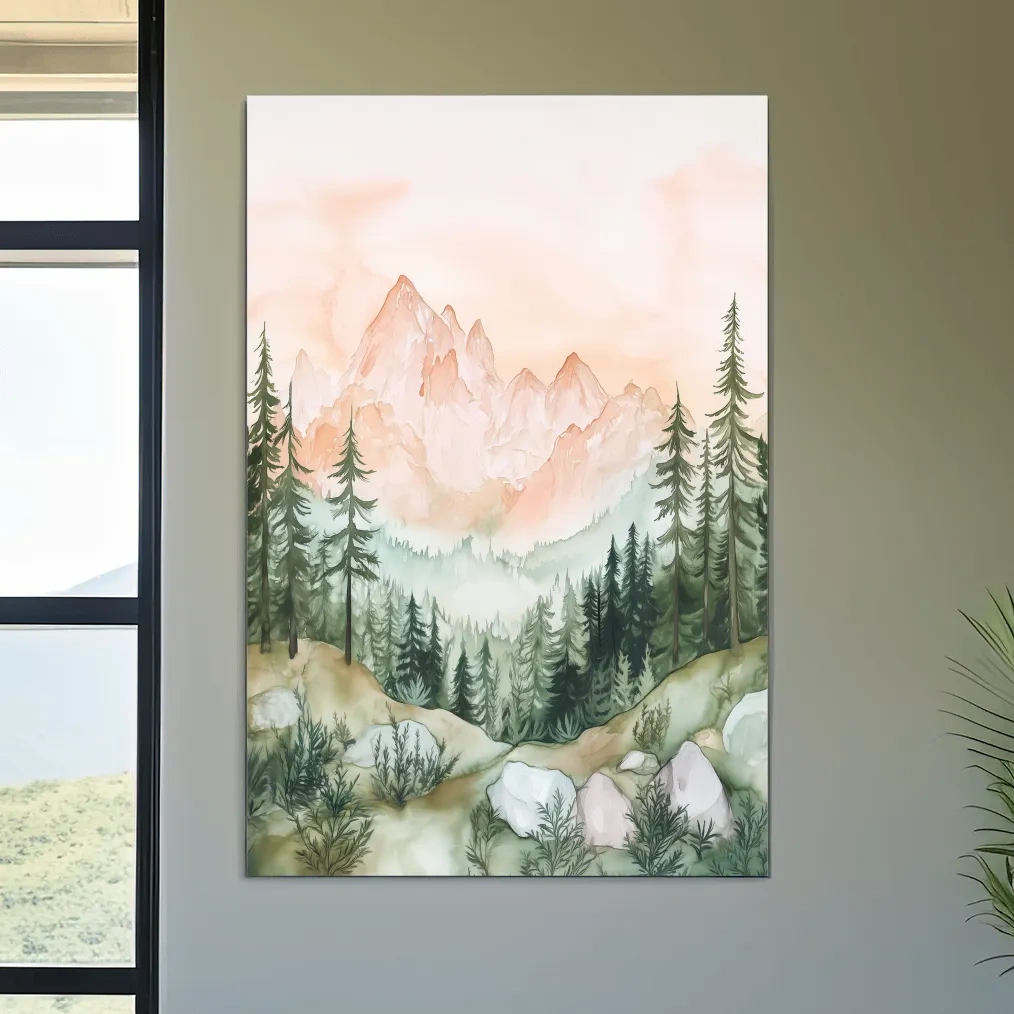 Pastel Watercolor Mountain Peaks & Pine Forest - Serene Alpine Landscape Artwork