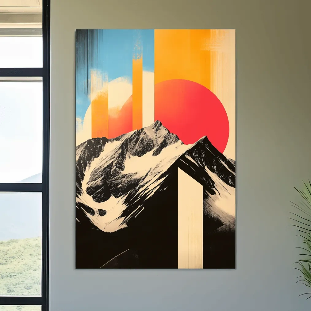 Modern abstract alpine mountain art, bold retro style geometric shapes
