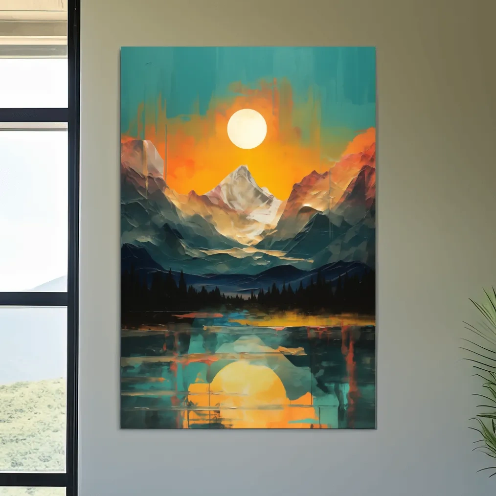 Oil painting artwork print of a mountain scene at sunset