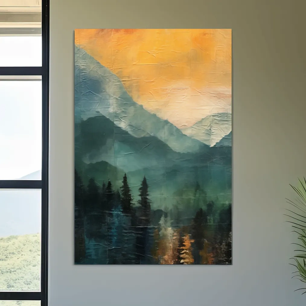 Rustic Misty Mountain Lake Reflection - Textured Watercolor Sunset Wall Art