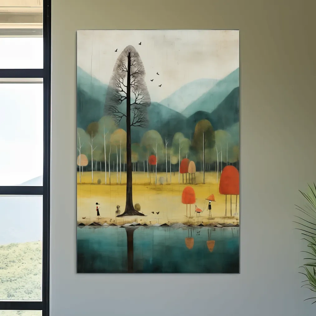 Quirky characters by a lake in fall, textured painting effect, whimsical autumn forest wall art print