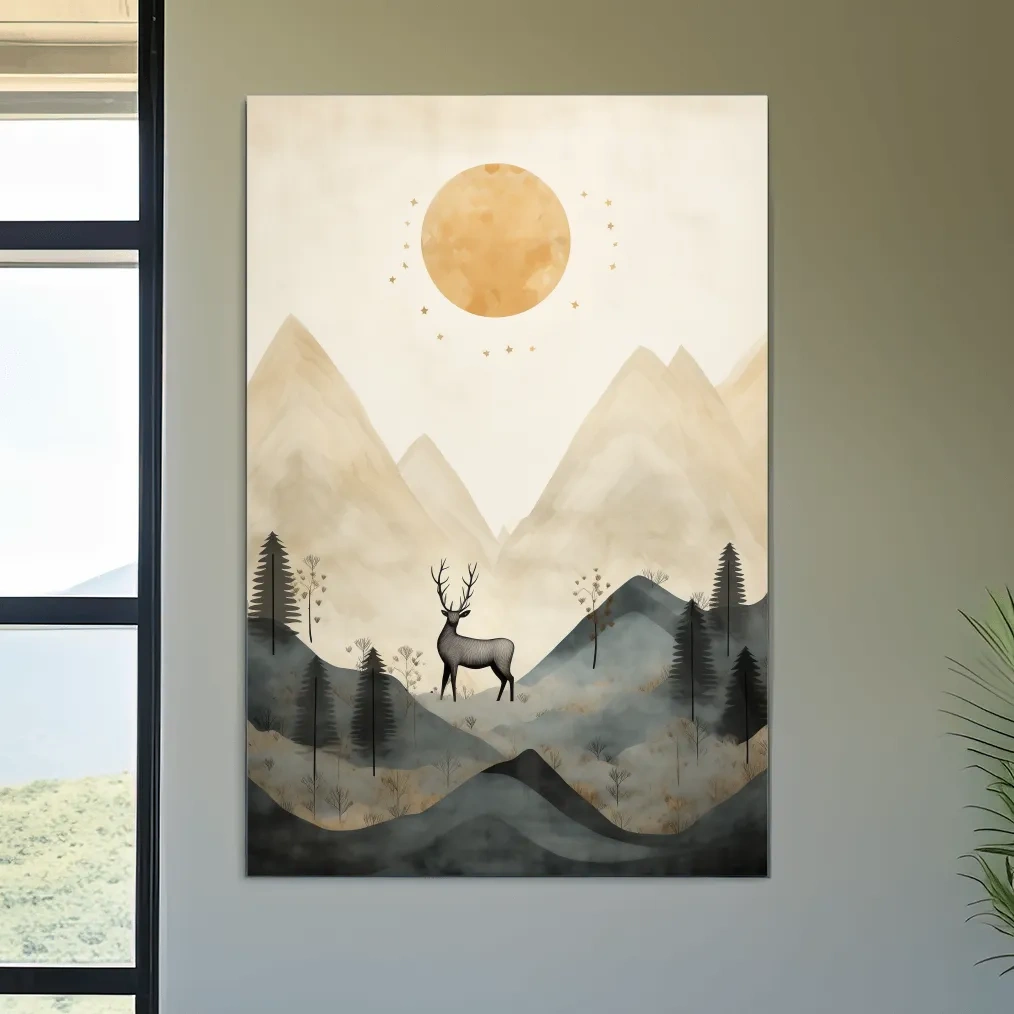 Deer standing in the forest under the night sky, quirky illustration art