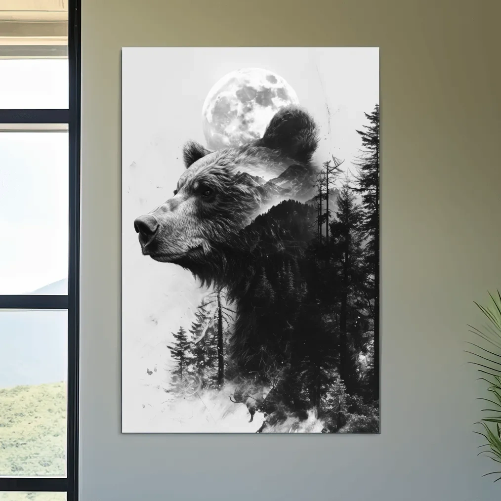 Double exposure style drawing artwork of a bear, forest, glacier and moon