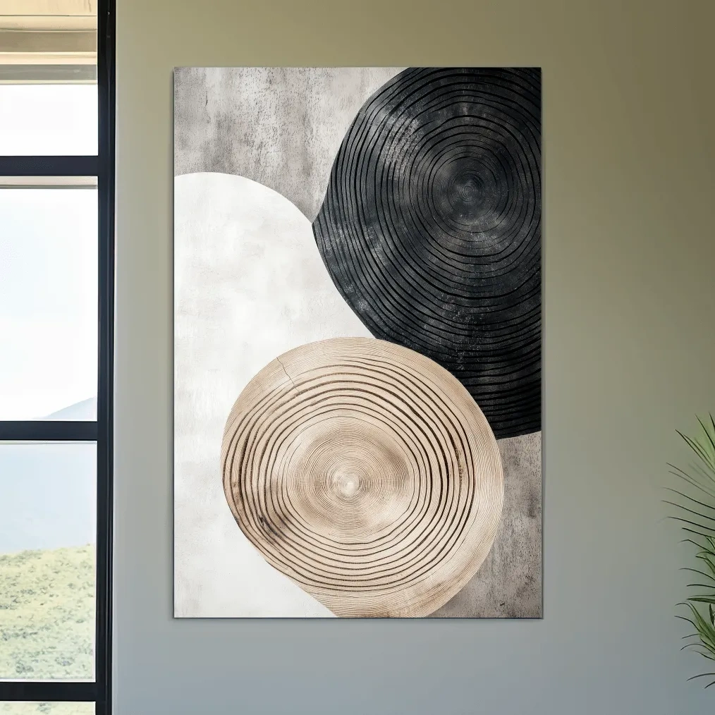 Concentric circle wood grain wall art, bohemian rustic style