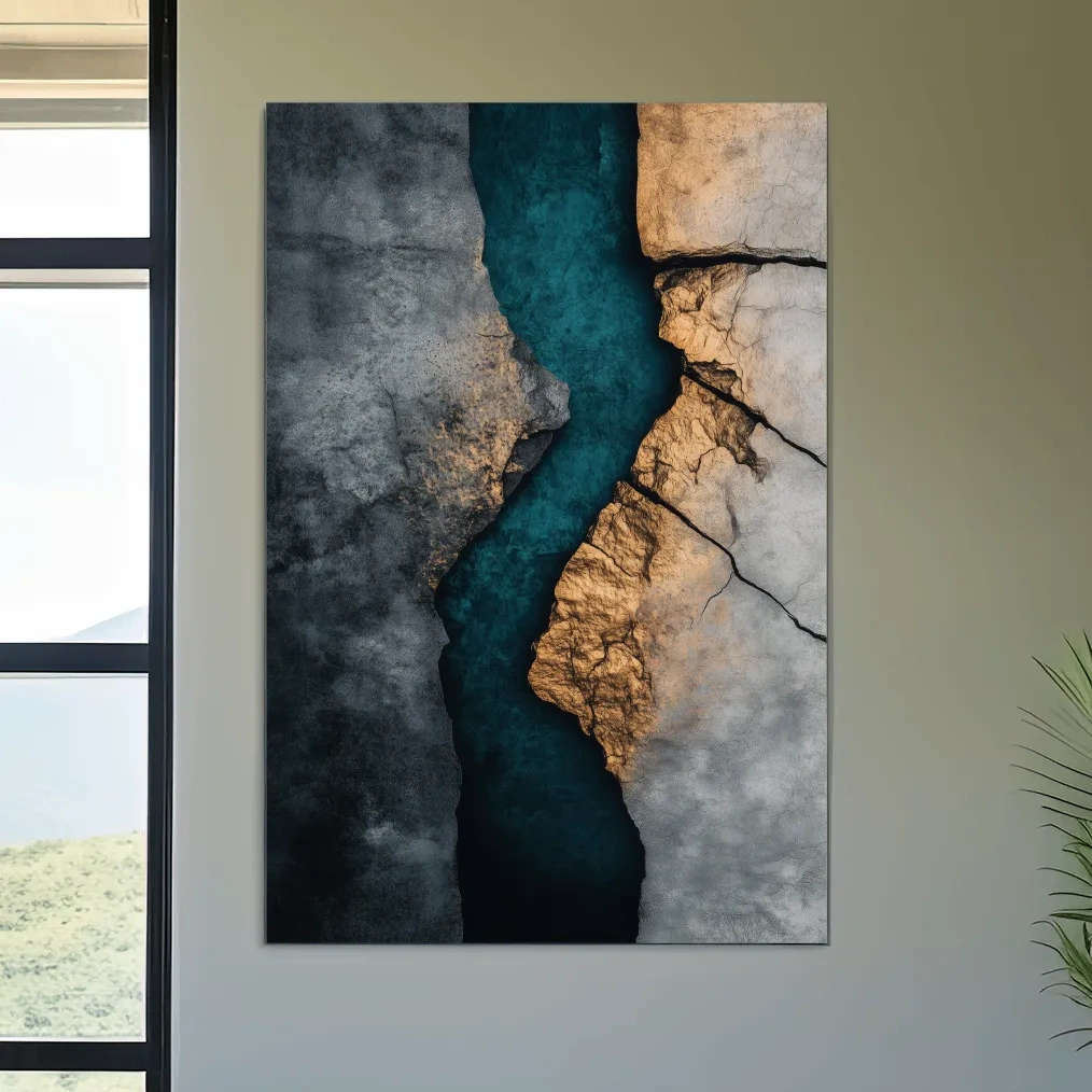 Teal River Canyon With Cracked Stone Texture - Modern Abstract Geode Wall Art
