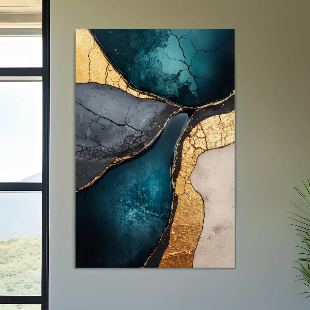 Elegant wall art, gold and teal cracked natural texture elements