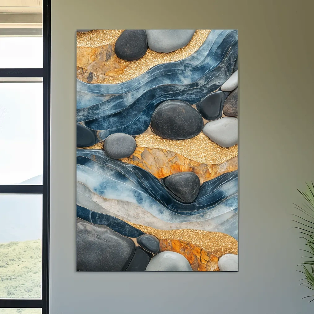 Natural stone and river rock wall artwork, abstract layered design