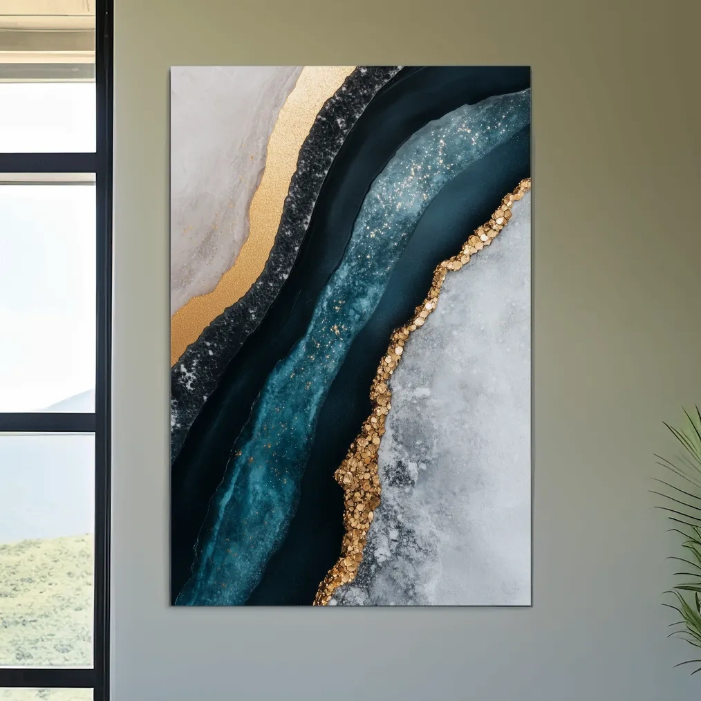 Elegant abstract geode artwork, blue and gold natural textured wall art