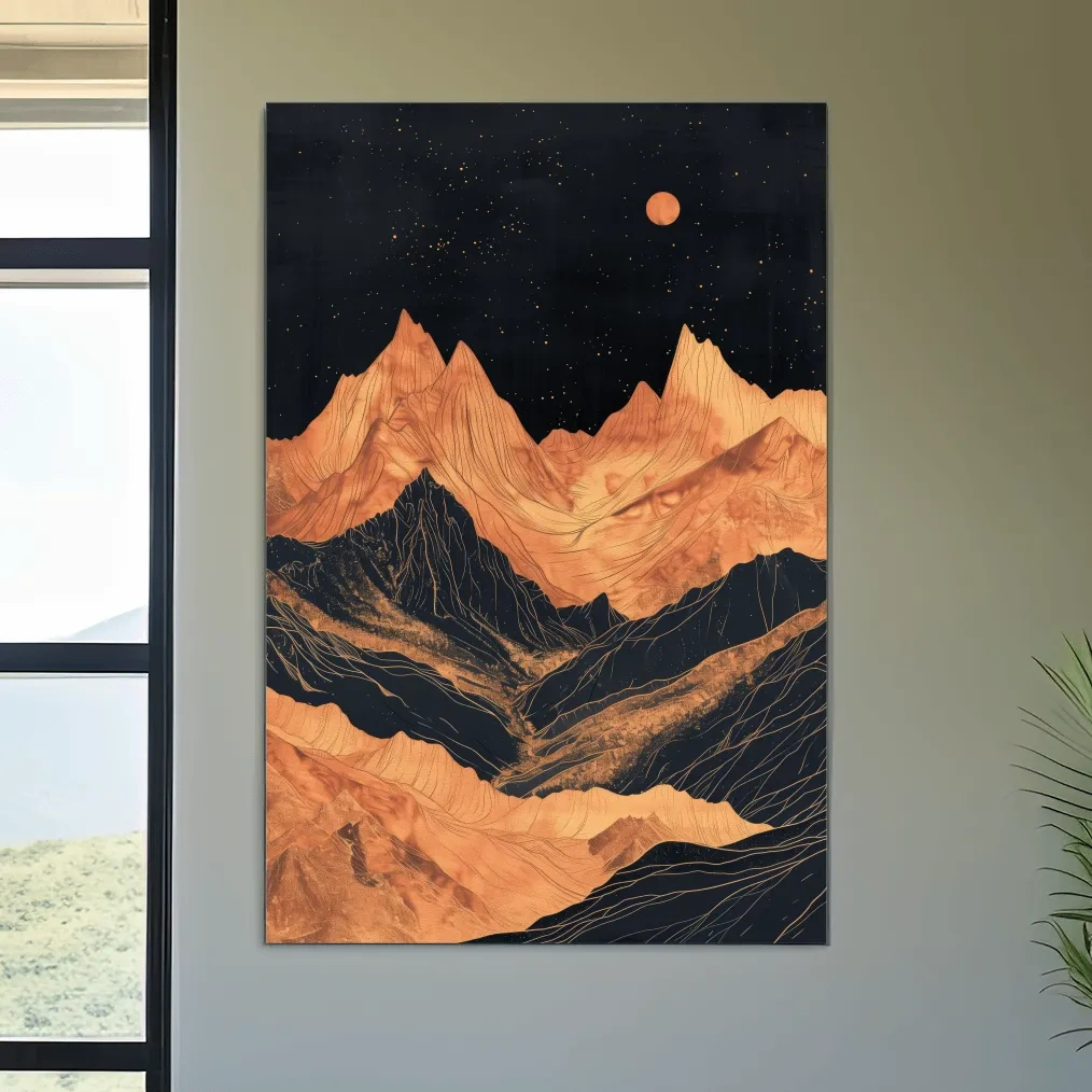 Moonlit elegant mountain artwork, metallic block print effect