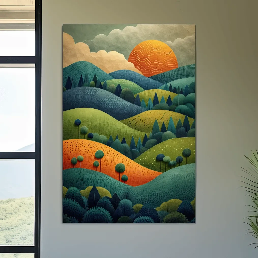 Layered Mountain Sunset Landscape - Mid Century Modern Forest Wall Art