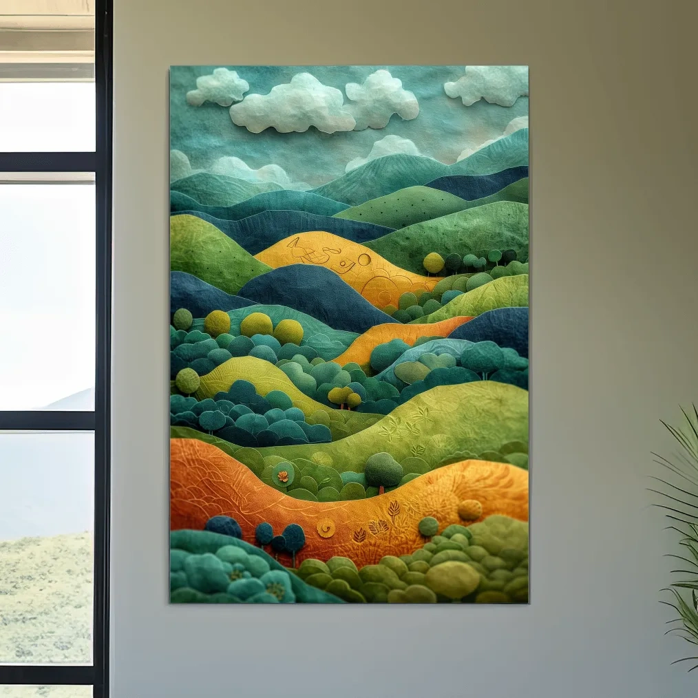 3D Layered Paper Cut Style Mountain Artwork - Whimsical Surreal Landscape Wall Art