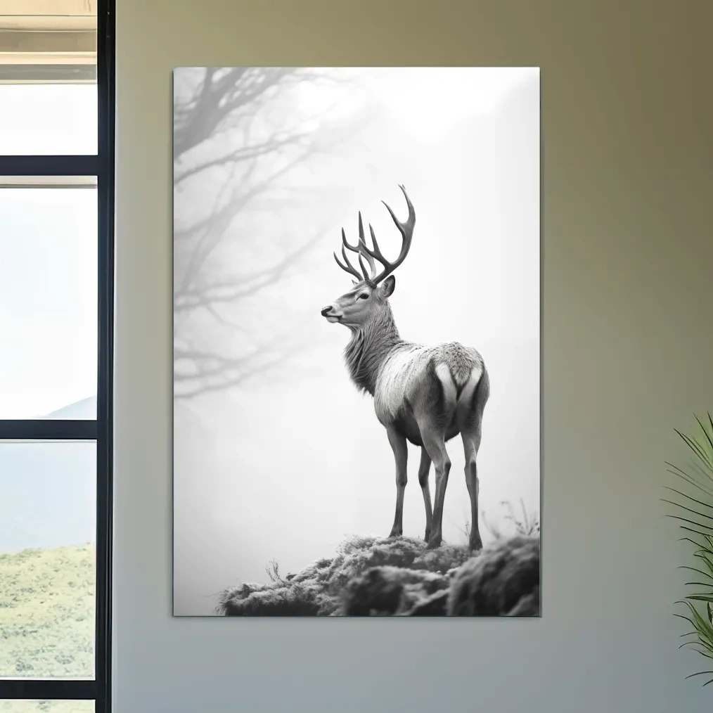 Black and white photograph of a majestic deer on a winter morning, serene wildlife artwork