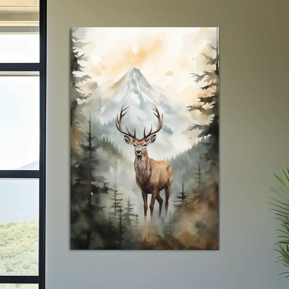 Watercolor Stag In Misty Mountain Forest - Serene Wildlife Wall Art
